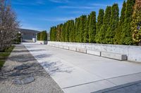 a walkway is lined with concrete blocks and plants next to trees and trees in the background