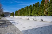 a walkway is lined with concrete blocks and plants next to trees and trees in the background