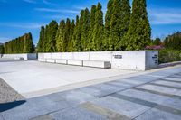 a walkway is lined with concrete blocks and plants next to trees and trees in the background