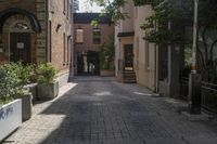 a walkway that is lined with plants and trees and has brick walls on either side