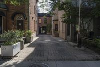 a walkway that is lined with plants and trees and has brick walls on either side