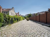 a brick street with tall buildings, shrubs and plants along it's side walk