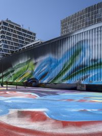 an image of painted mural with cars in the background outside the building on the right side