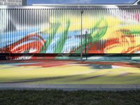 a colorful mural painted on a side wall of a building behind a bench in the grass