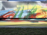 a colorful mural painted on a side wall of a building behind a bench in the grass