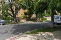 a moving truck on the street near a house and palm trees that are growing by the sidewalk