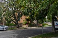 a moving truck on the street near a house and palm trees that are growing by the sidewalk