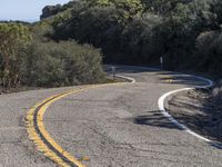 a motorcycle going down a winding hill road next to trees and a blue sky in the background