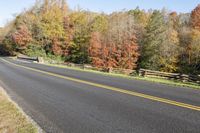 an empty paved road with multiple trees around it next to a grass and wooden fence