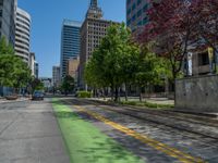 the green paint is painted on a bike path in front of an office building and large, trees