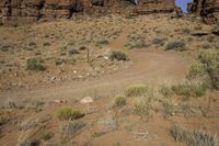 a person's shadow is shown on a path in the desert near red rock formations