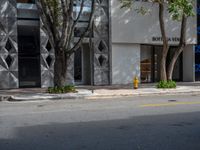 a white building with some trees in front of it with a yellow fire hydrant