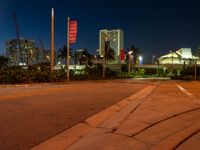 a city street lined with lots of buildings at night, and a yellow fire hydrant on the right