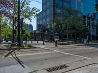 the green paint is painted on a bike path in front of an office building and large, trees