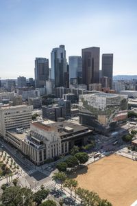 the city is full of tall buildings and green trees that line the edge of this park