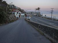 an empty road that has the ocean in the background behind it, a person on a bicycle in front of it