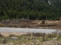 a mountain side with a road running next to the mountains, a bike parked in front of it and trees on one side