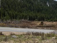 a mountain side with a road running next to the mountains, a bike parked in front of it and trees on one side