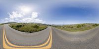 two identical images show a bend in the middle of an empty road and there are fields on both sides and a sun - filled sky with clouds overhead