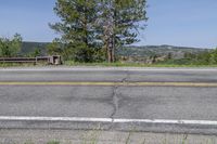 a bench sits in the middle of an empty highway with no traffic and is near a green bush