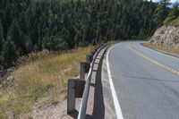 a long highway goes down the side of a hillside into a forest area under a bright blue sky