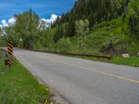 a street leads to a narrow forest with mountains in the background with clouds overhead on an empty mountain road