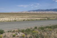 an empty road with mountains in the background, and yellow flowers in the foreground