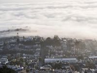 the city's rooftops are shred with fog and sunshine from a nearby hill