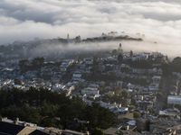 the city's rooftops are shred with fog and sunshine from a nearby hill