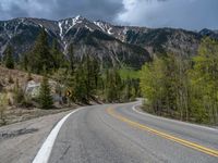 a curve road through a forest with a mountain range in the distance in the background