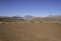 a brown sand field filled with green plants and mountains in the distance are snow capped peaks