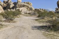 a dirt road that goes through the desert area next to rocks, grass and some plants