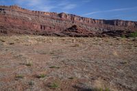 an arid area with dry grass, bushes, and a mountain in the background with a sky