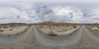 an image taken from a fisheye lens of a road in the desert with a cloudy sky