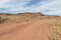 a dirt road in a dry landscape with brush and rocks in the foreground and a rock formation to the right