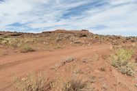 a dirt road in a dry landscape with brush and rocks in the foreground and a rock formation to the right