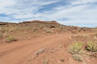 a dirt road in a dry landscape with brush and rocks in the foreground and a rock formation to the right