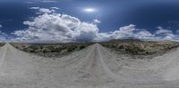 two empty dirt road with sun in sky in the background from different angles, two side by side