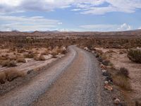 a gravel road in the desert with mountains in the background behind it, and scrub scrub scrub around