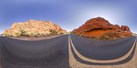 three identical pictures are side by side showing a road in the desert with two long shadows on the asphalt