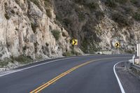 two yellow signs on the corner of a curve road in the mountains as if they were trying to cross one