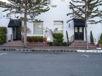 a white building that has plants and candles on the side of it and an awning that is attached to the outside