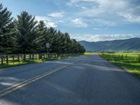 a empty road that goes through a grassy area with mountains in the background as well as trees