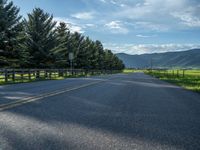 a empty road that goes through a grassy area with mountains in the background as well as trees