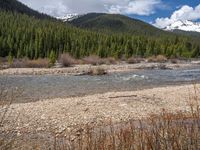 an image of a field that has snow on the mountain top in the background and a stream running through the forest