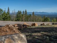 the mountains are visible in the distance from this wide, empty road, overlooking a wide landscape and forest