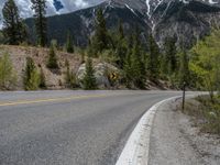 a curve road through a forest with a mountain range in the distance in the background