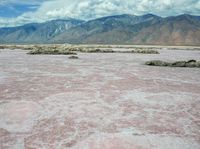 the pink colored desert is empty and has mountains in the background, and water in the foreground