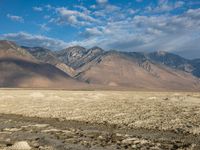 a lone horse standing in a muddy plain with mountains in the back ground in the background