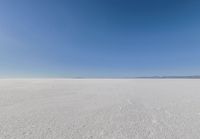 an empty sandy plain under a clear blue sky with a person on it using an umbrella